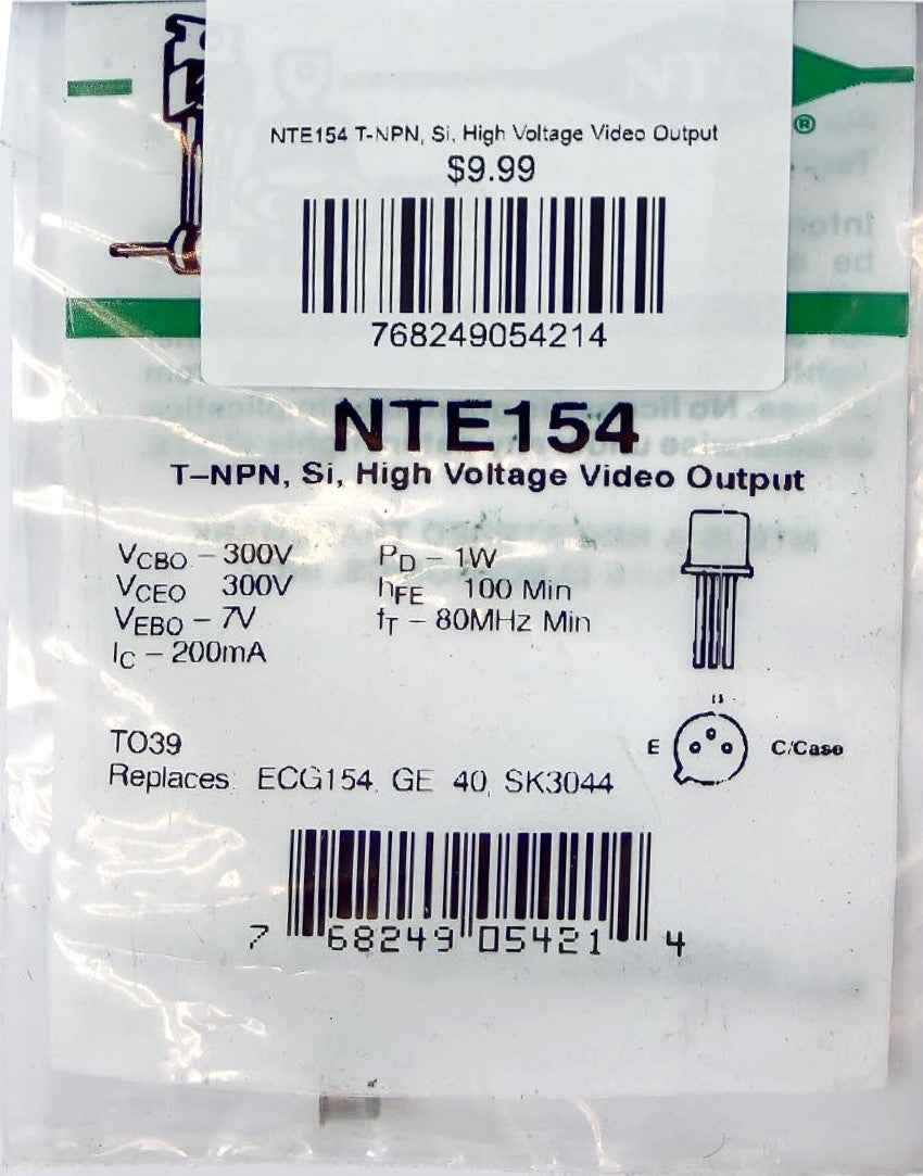 NTE154 T-NPN, Si, High Voltage Video Output NTE