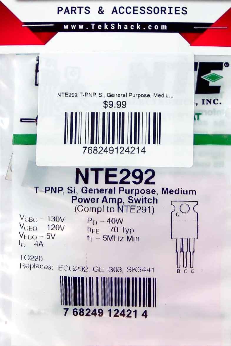 NTE292 T-PNP, Si, General Purpose, Medium Power Amp, Switch NTE