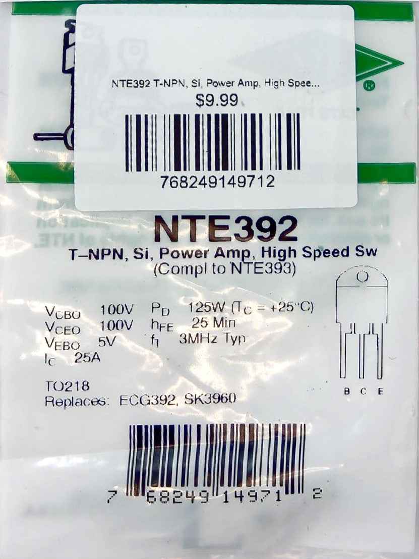 NTE392 T-NPN, Si, Power Amp, High Speed Switch NTE
