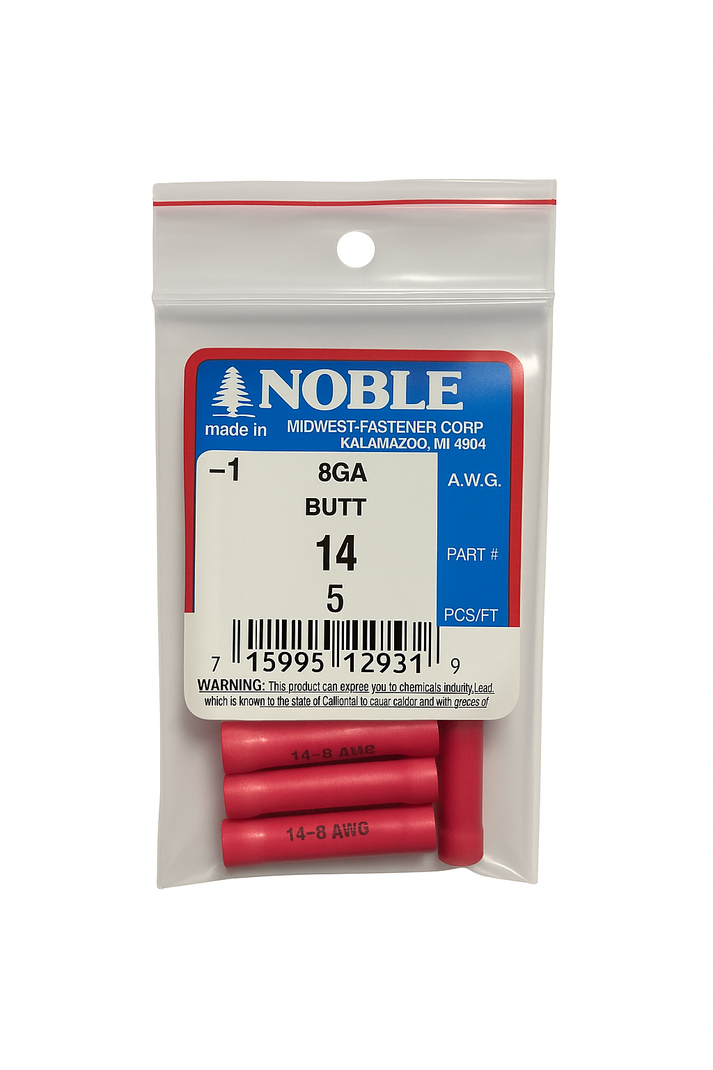 Noble Butt Connector – Vinyl Insulated 8 GA Red (5-Pack) #14 Noble