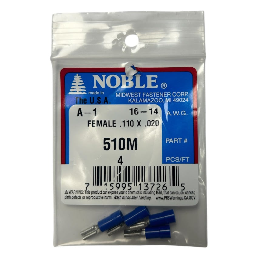 Noble Female Vinyl Disconnect Terminal – .110 Tab, 16-14 GA, 4-Pack #510M TekShack