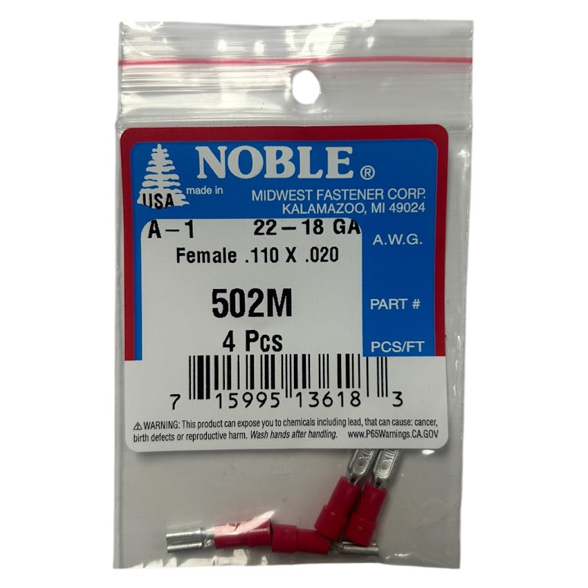 Noble Female Vinyl Disconnect Terminal – .110 Tab, 22-18 GA, 4-Pack #502M Noble