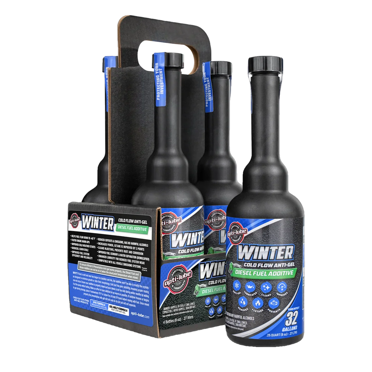 Opti-Lube Winter Anti-gel Diesel Fuel Additive: 8oz 4 Pack of Long Neck Bottles, Treats Up To 32 Gallons Per 8oz Bottle