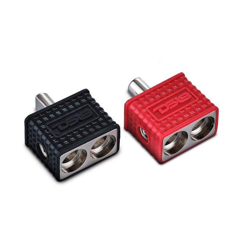 Dual 1/0-GA to 1/0-GA Amp Input Reducers with Offset Stub and Silicone Cover - BLACK/RED