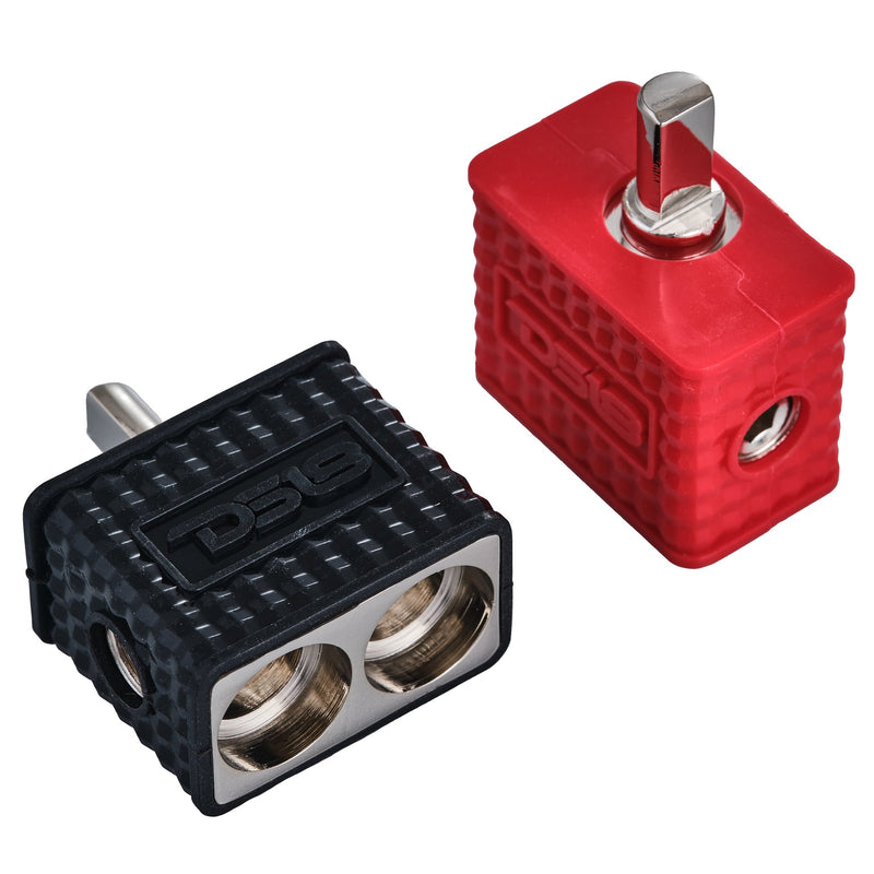 Dual 1/0-GA to 1/4-GA Amp Input Reducers with Offset Stub and Silicone Cover - BLACK/RED