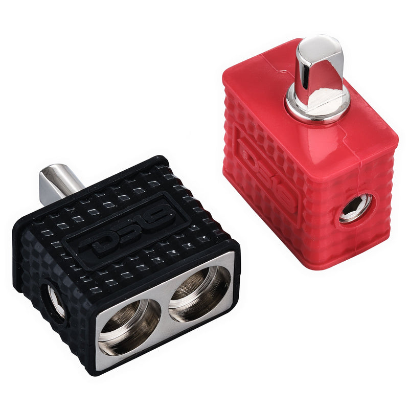 Dual 1/0-GA to 1/0-GA Amp Input Reducers with Offset Stub and Silicone Cover - BLACK/RED