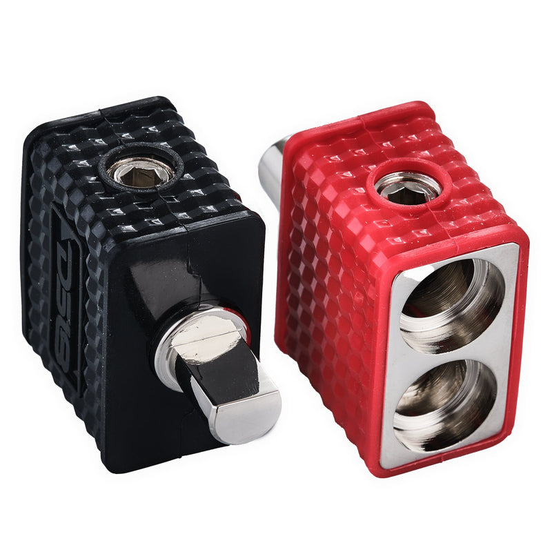 Dual 1/0-GA to 1/0-GA Amp Input Reducers with Offset Stub and Silicone Cover - BLACK/RED