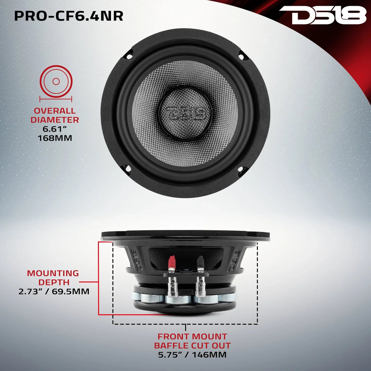 DS18 PRO-CF6.4NR 6.5" 250W RMS Neodymium Carbon Fiber Water Resistant Cone Midbass Speaker (Single) DS18