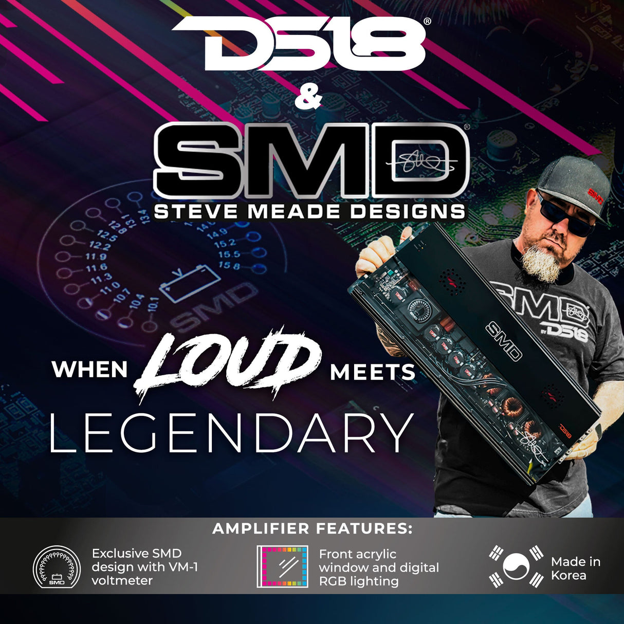 SMD 5-Channel Amplifier with VM-1 Voltmeter and Digital LED Lights 4 x 250W at 2-Ohm Class AB + 1 x 1800W at 1-Ohm Class D - Steve Meade Designs