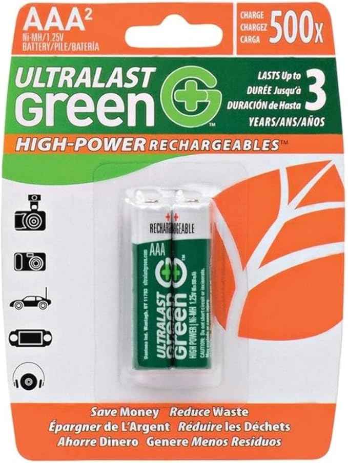 ULGHP2AAA Green High-Power Rechargeable AAA NiMH Batteries, 2 pk UltraLast
