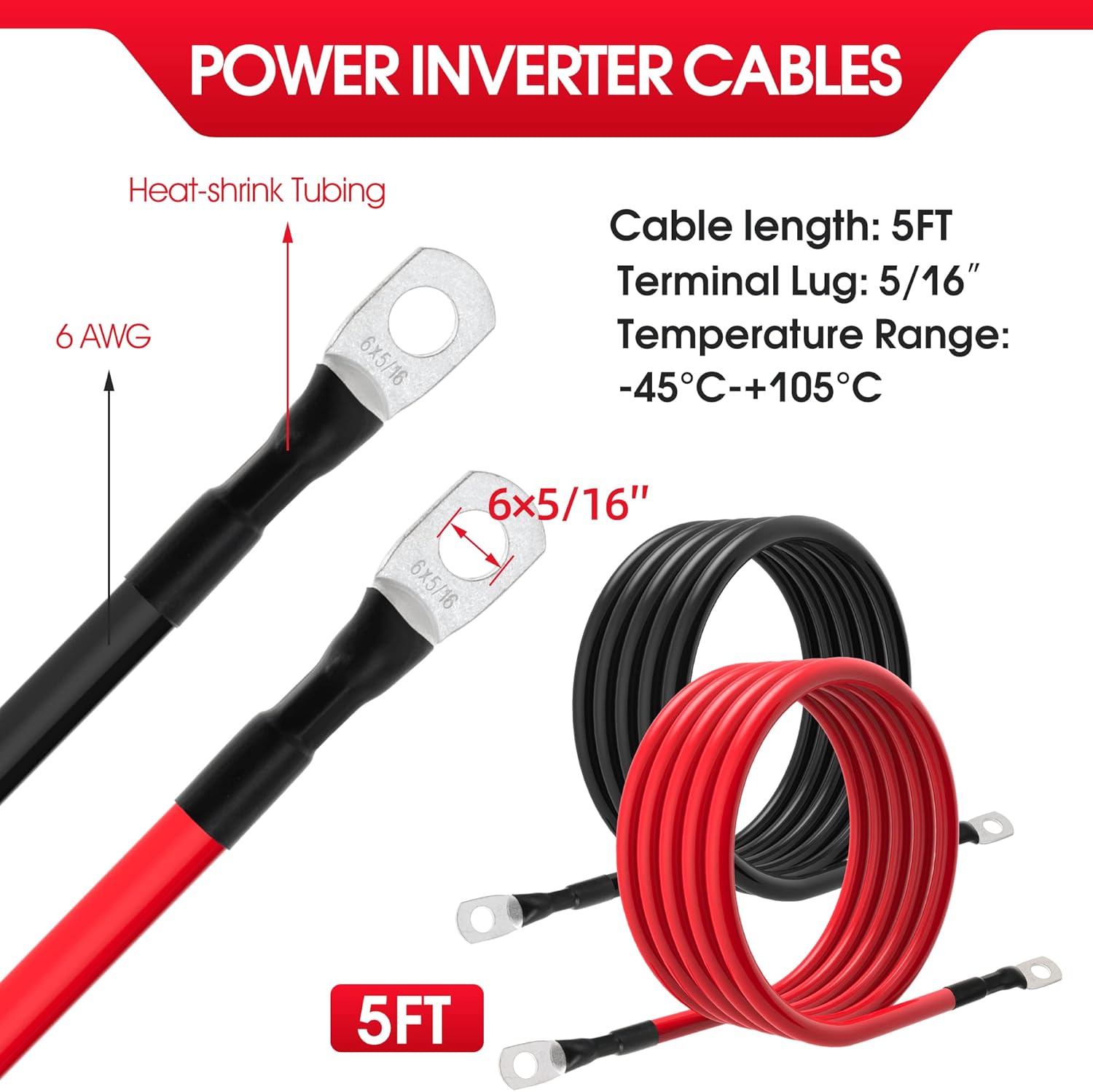 6 AWG Battery Cable – 3FT-5FT 6 Gauge Power Inverter Cable with 5/16" Tinned Copper Lugs TekShack
