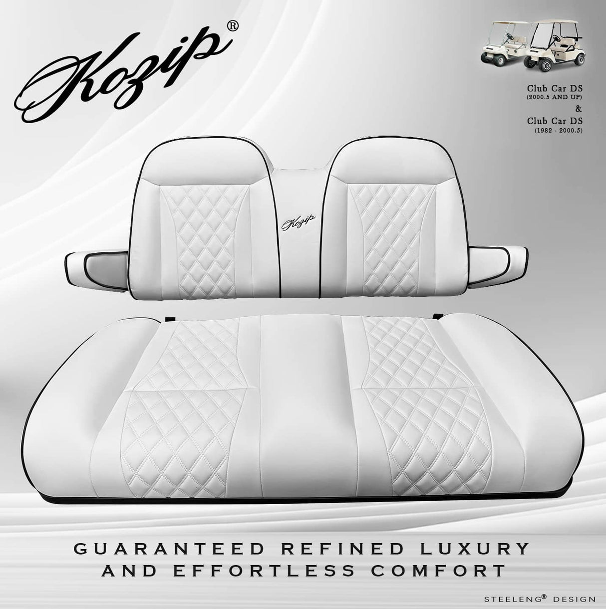 Kozip Aeris Club Car DS Front Cushion Set – White Base with Black Piping and White Cross Stitch