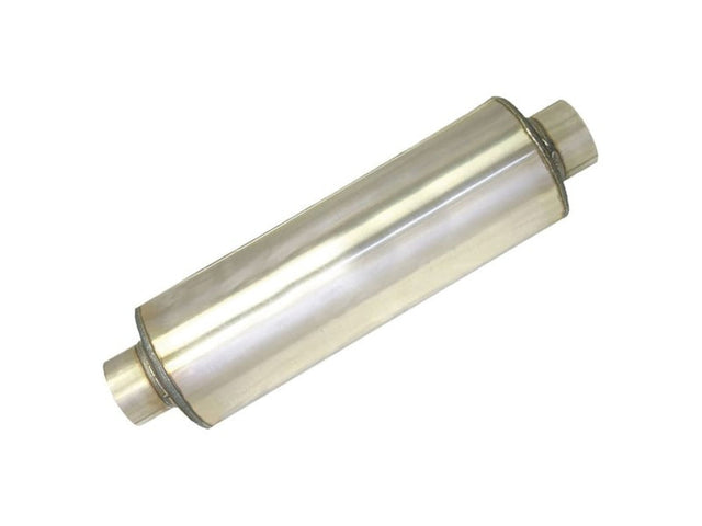 Stainless Steel 8" x 23" Round Muffler, 5" In x 5" Out, 29" Overall Length, Fiberglass Packed Perforated Core, Universal SCS