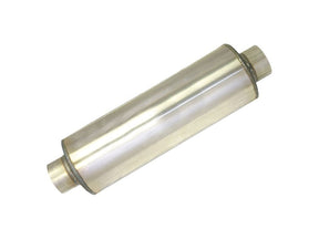 Stainless Steel 8" x 14" Round Muffler, 5" In x 5" Out, 20" Overall Length, Fiberglass Packed Perforated Core, Universal SCS
