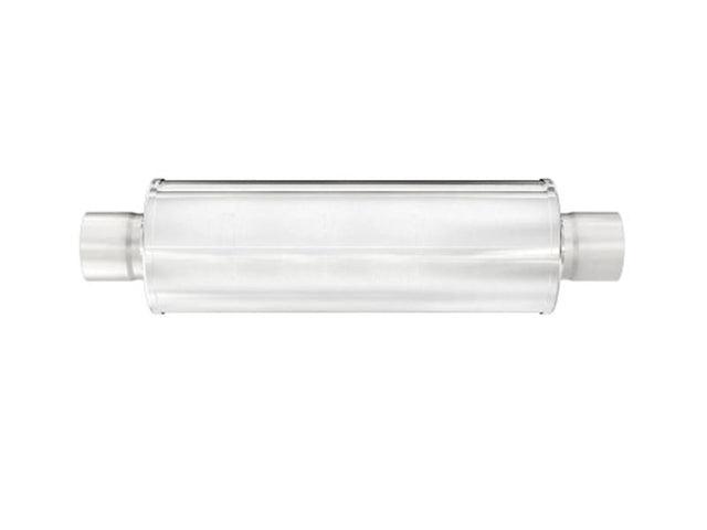 Stainless Steel 8" x 23" Round Muffler, 5" In x 5" Out, 30" Overall Length, Fiberglass Packed Perforated Core, Universal SCS