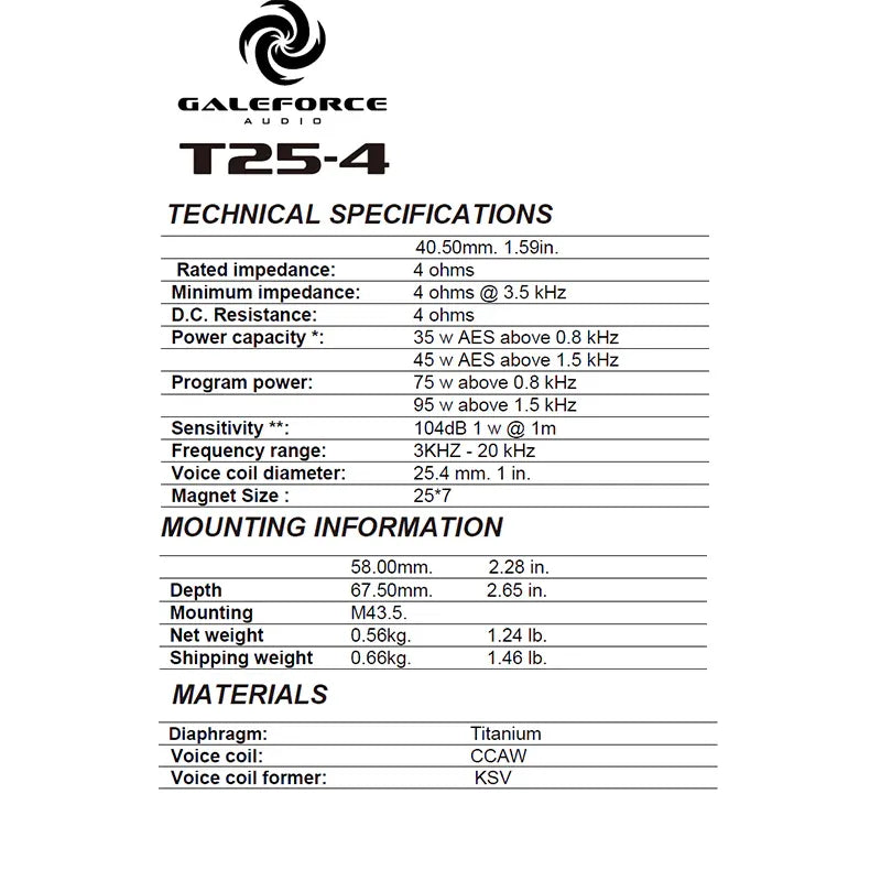 Galeforce Audio T25 Super Tweeter (Single) Galeforce Audio
