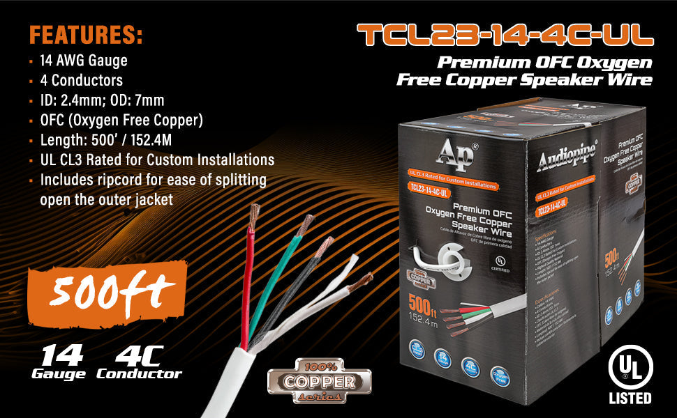 Premium 14 Gauge Oxygen Free Copper Speaker Wire (TCL23-14-4C-UL) Audiopipe