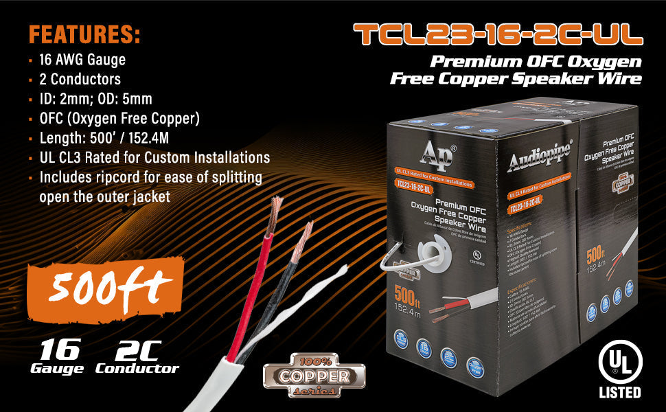Premium 16 Gauge Oxygen Free Copper Speaker Wire (TCL23-16-2C-UL) Audiopipe