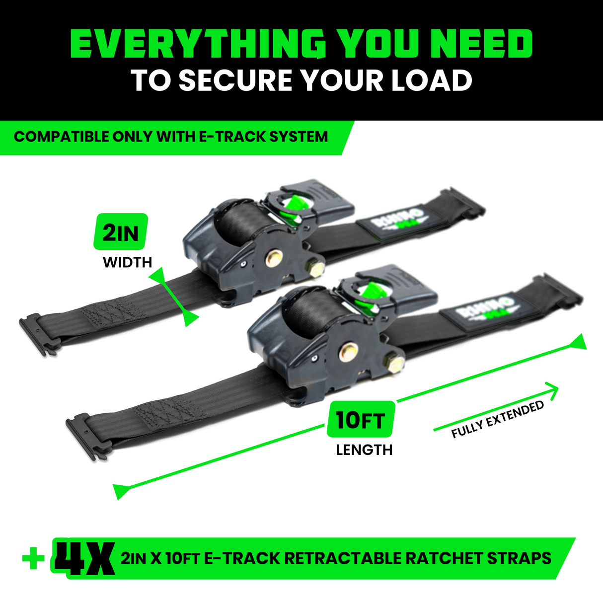 2" x 10' Retractable E-Track Ratchet Straps