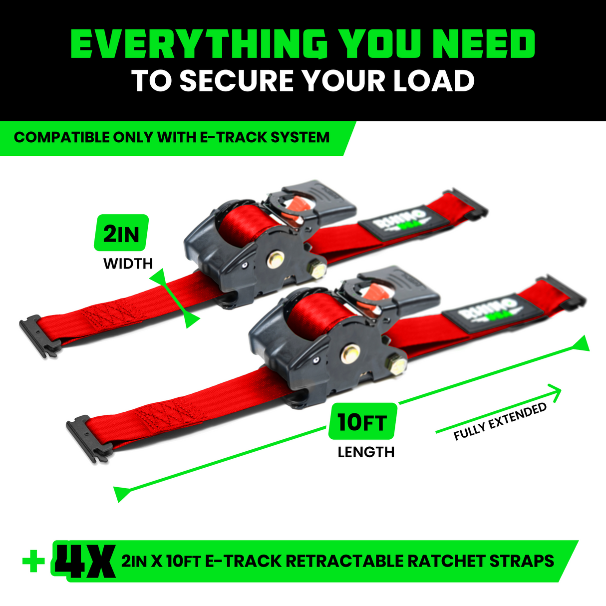 2" x 10' Retractable E-Track Ratchet Straps