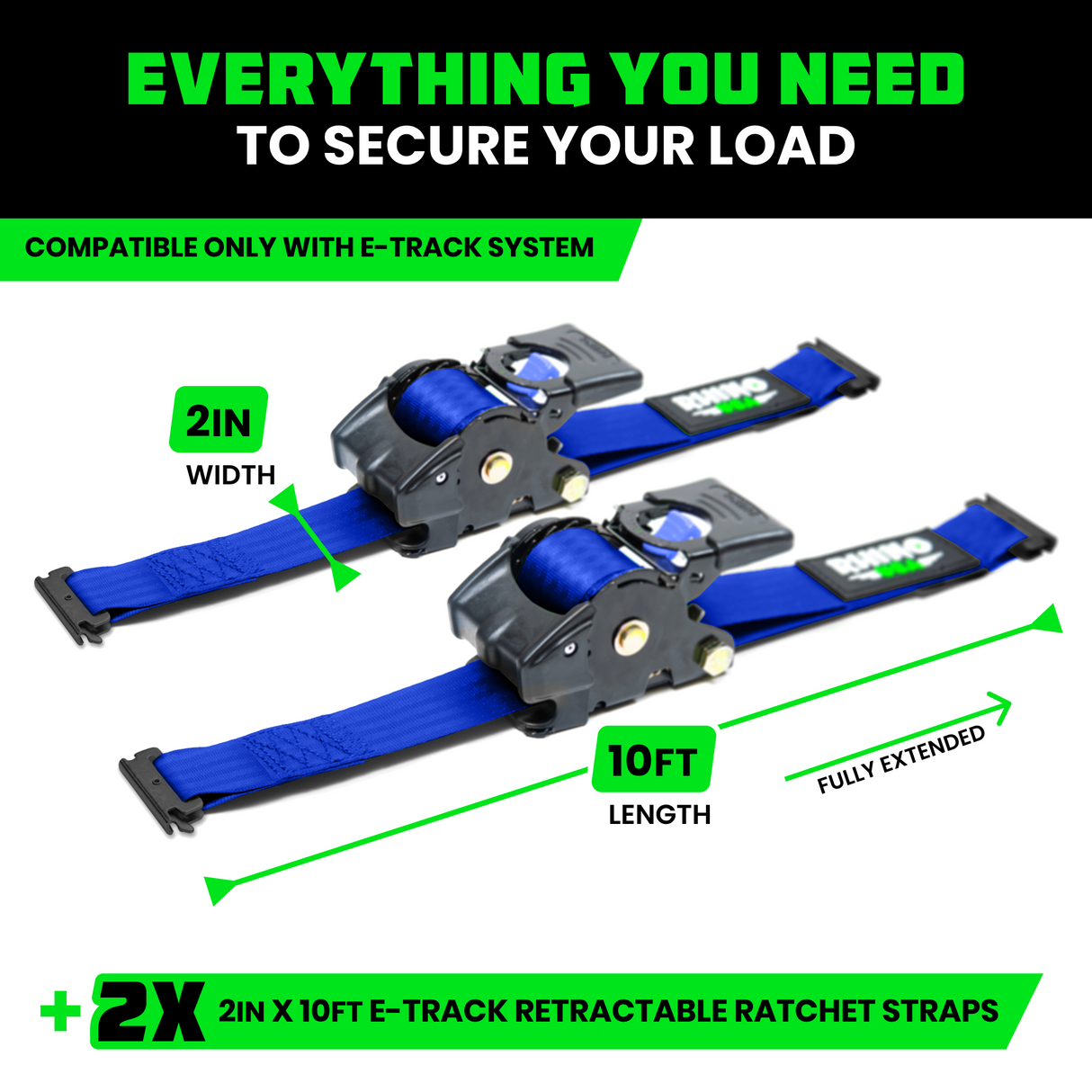 2" x 10' Retractable E-Track Ratchet Straps
