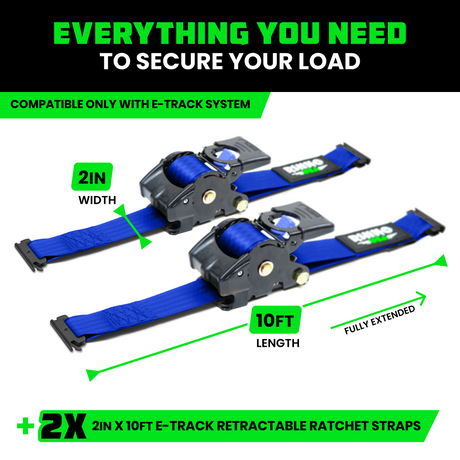 2" x 10' Retractable E-Track Ratchet Straps
