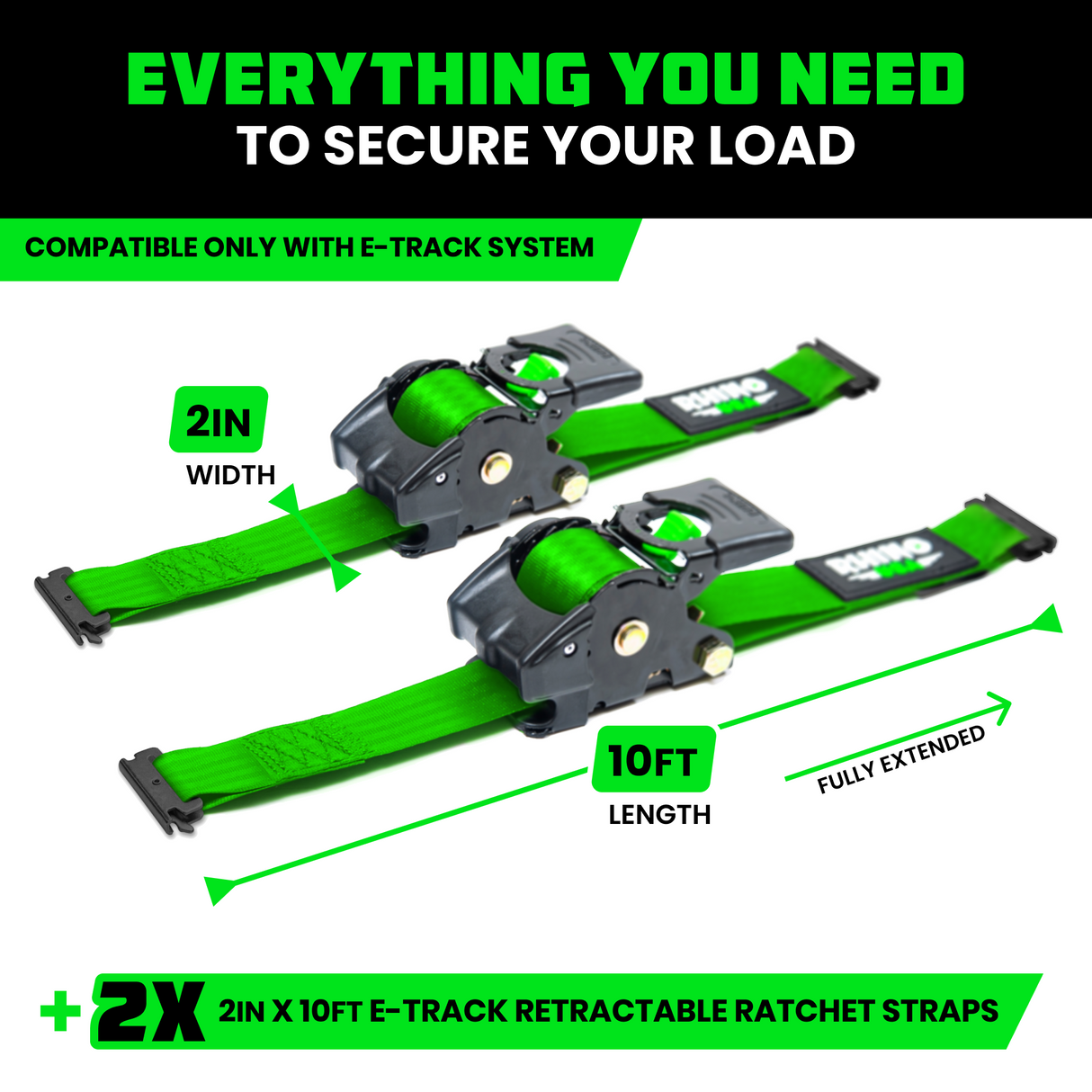 2" x 10' Retractable E-Track Ratchet Straps