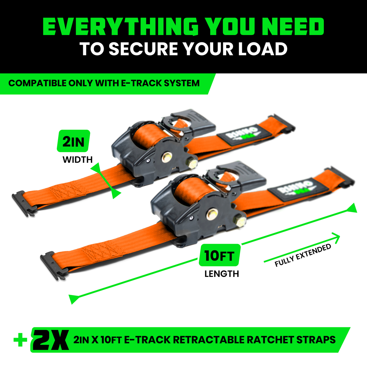 2" x 10' Retractable E-Track Ratchet Straps