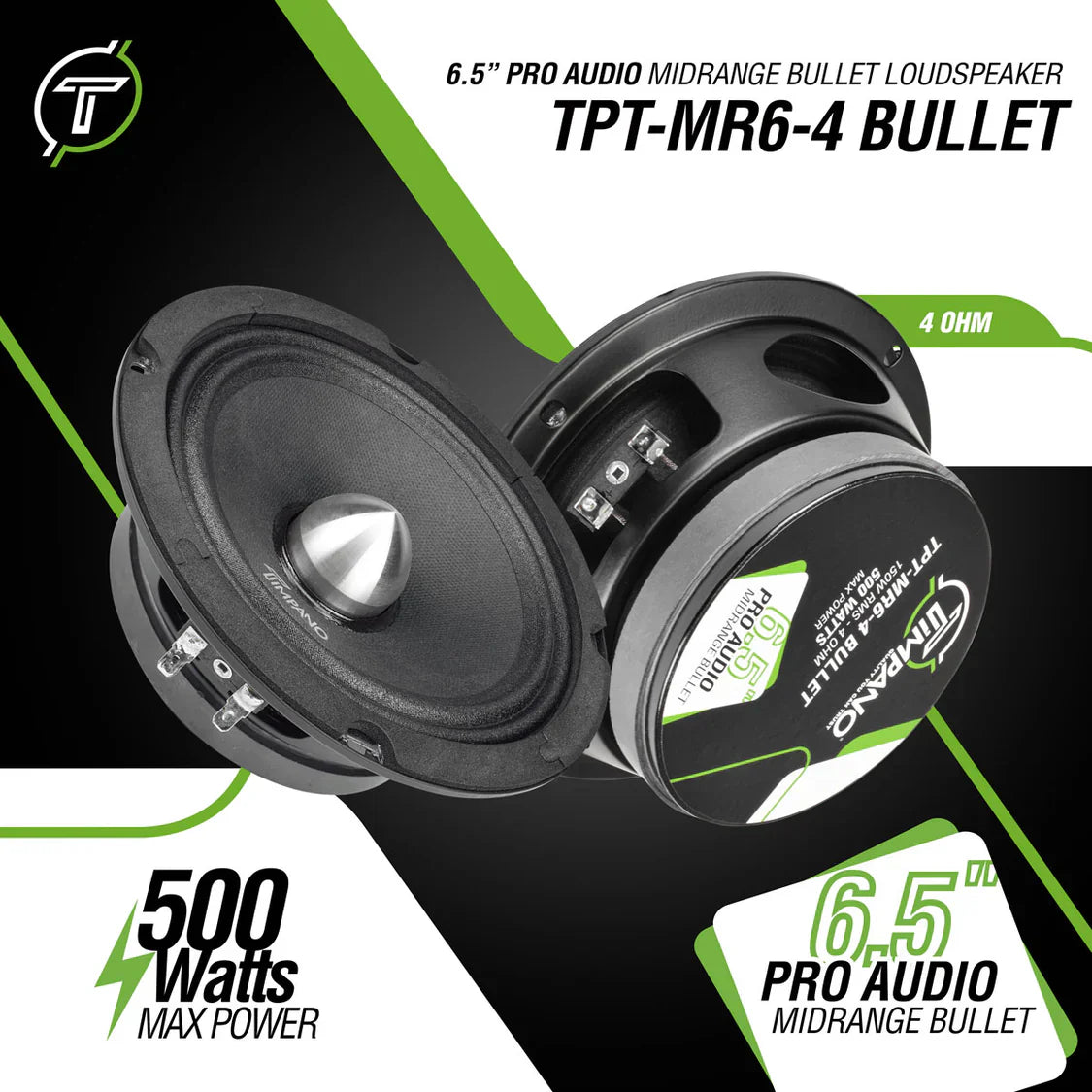 1600w PACKAGE 2x 6.5" Bullet Midrange + 2x Black Tweeters Timpano Audio