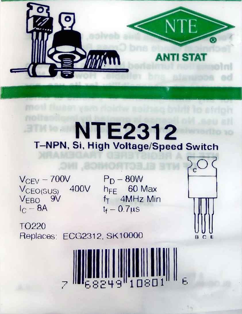 NTE2312 T-NPN, Si, High Voltage/Speed Switch NTE