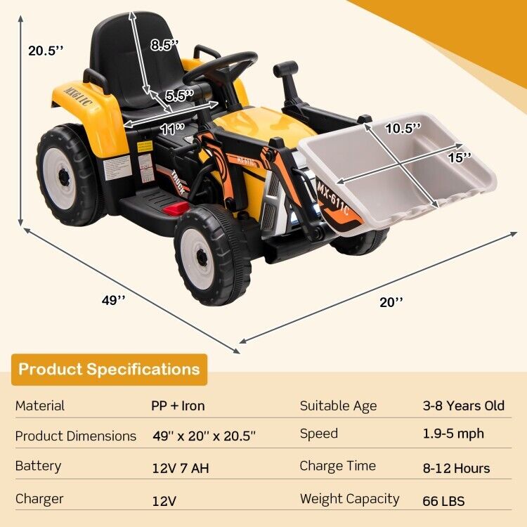 Adjustable Arm Kids Ride-On Excavator with Bucket - 12V Battery Powered Outdoor Toy for Toddlers
