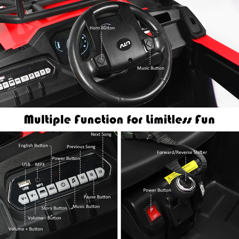 Adventure-Ready 12V Off-Road UTV Truck for Kids with RC Control, MP3 Player, and Lights - Red
