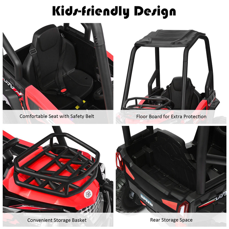 Adventure-Ready 12V Off-Road UTV Truck for Kids with RC Control, MP3 Player, and Lights - Red