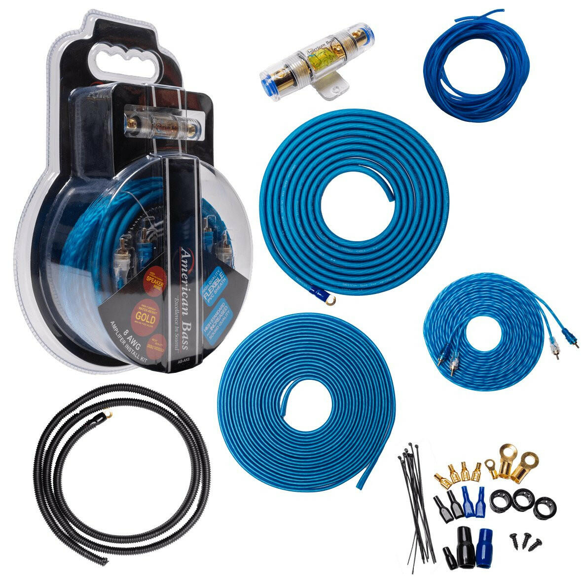 American Bass 8 Gauge Complete CCA (Copper Clad Aluminum) Amplifier Wiring Kit - Car Audio Amp Install Kit with Power, Ground & RCA Cables