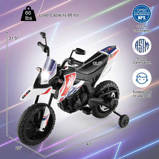 Aprilia Licensed Kids Ride On Motorcycle with 2 Training Wheels in White