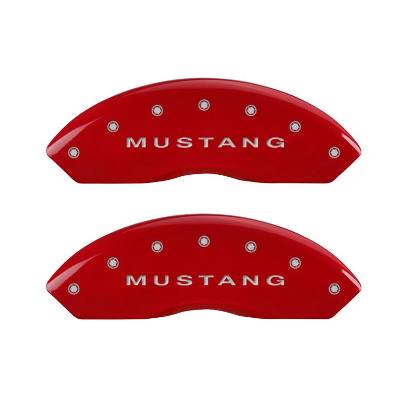 MGP 4 Caliper Covers Engraved Front Mustang Engraved Rear Bar & Pony Red finish silver ch