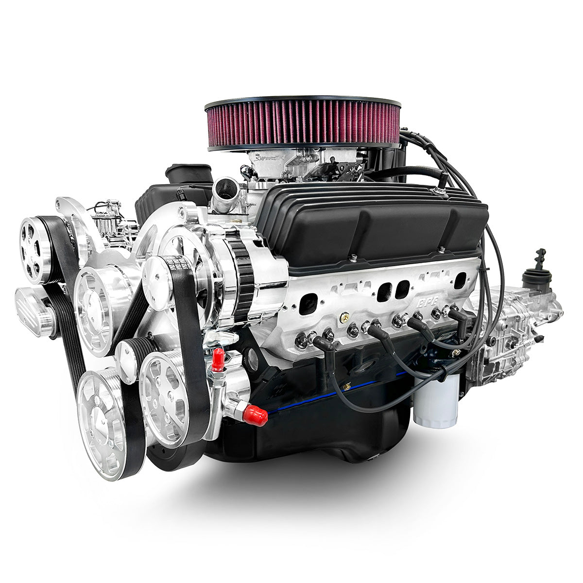 GM Small Block Compatible 383 c.i. Engine and TKX Manual Transmission - 436 Horsepower - Standard Edition Builder Series - Polished Pulley Kit - Fuel Injected