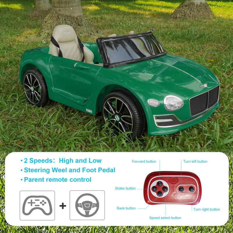 Bentley Style 12V Electric Ride-On Toy Car with Remote Control and LED Lights - Green