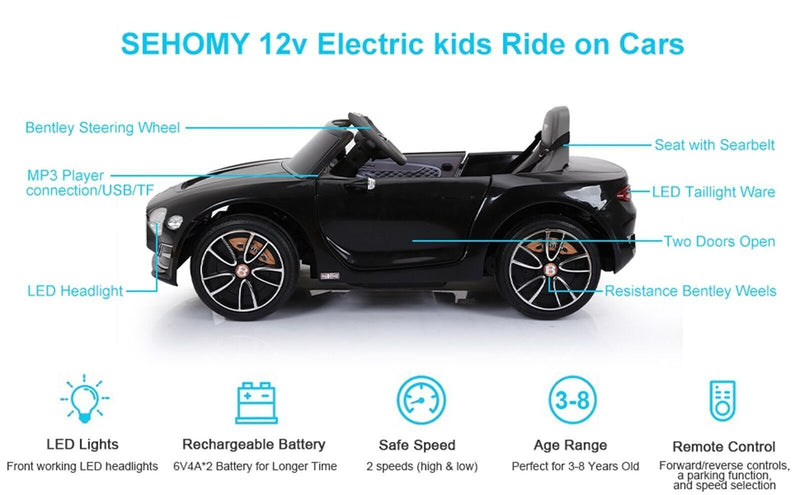 BENTLEY Style 12V Kids Ride-On Car with Remote Control, LED Lights, and MP3 Player