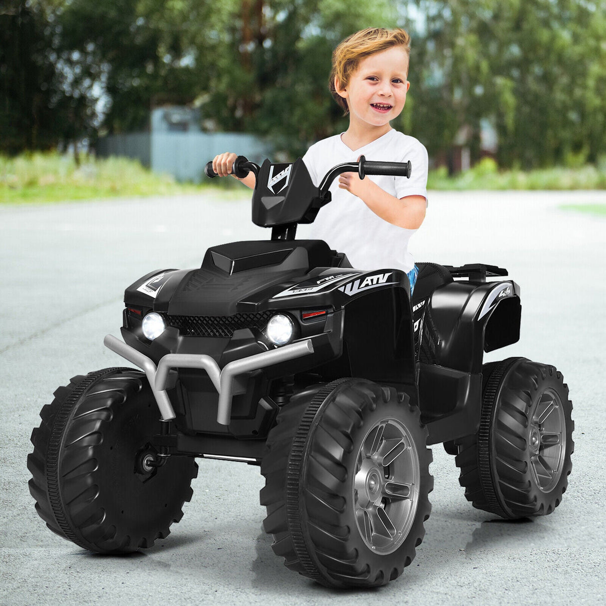 Black 12V Kids ATV Quad Ride On Car with LED Light and Music Toy