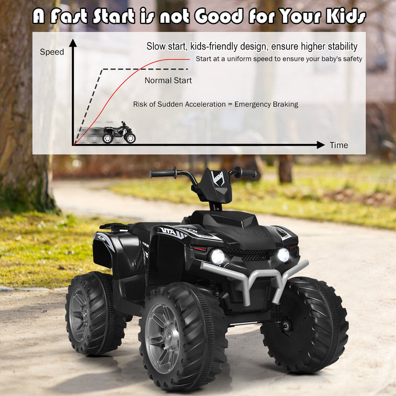 Black 12V Kids ATV Quad Ride On Car with LED Light and Music Toy