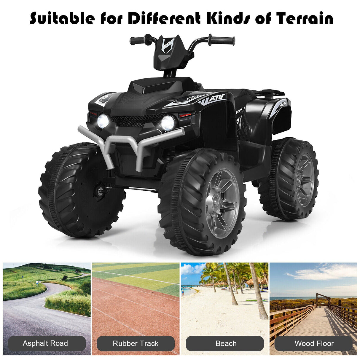 Black 12V Kids ATV Quad Ride On Car with LED Light and Music Toy