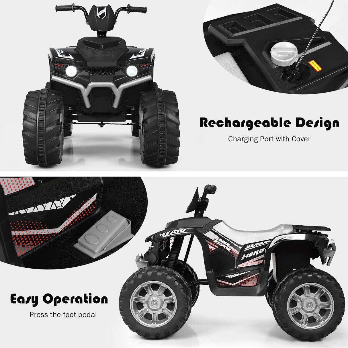 Black 12V Kids ATV Quad Ride On Car with LED Light and Music Toy