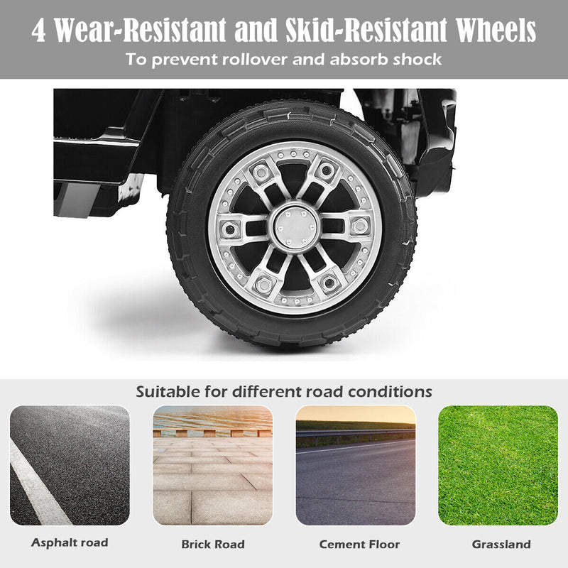 Black 12V Kids Ride On Truck with RC Remote, LED Lights, and Music