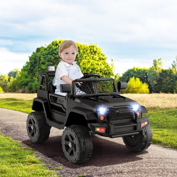 Black 12V Kids Ride On Truck with Remote Control, Music, and Lights