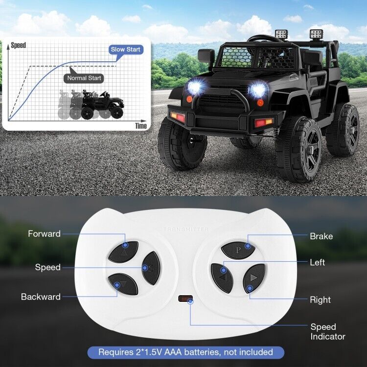 Black 12V Kids Ride On Truck with Remote Control, Music, and Lights
