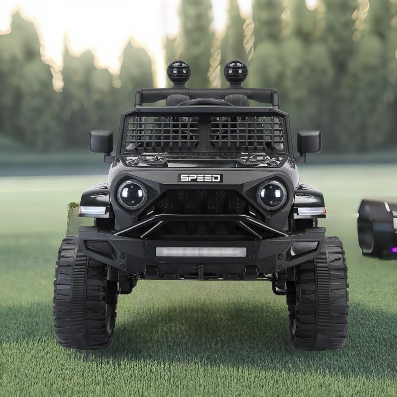 Black 12V Ride-On Truck for Kids with Remote Control, LED Lights, and Safety Belt