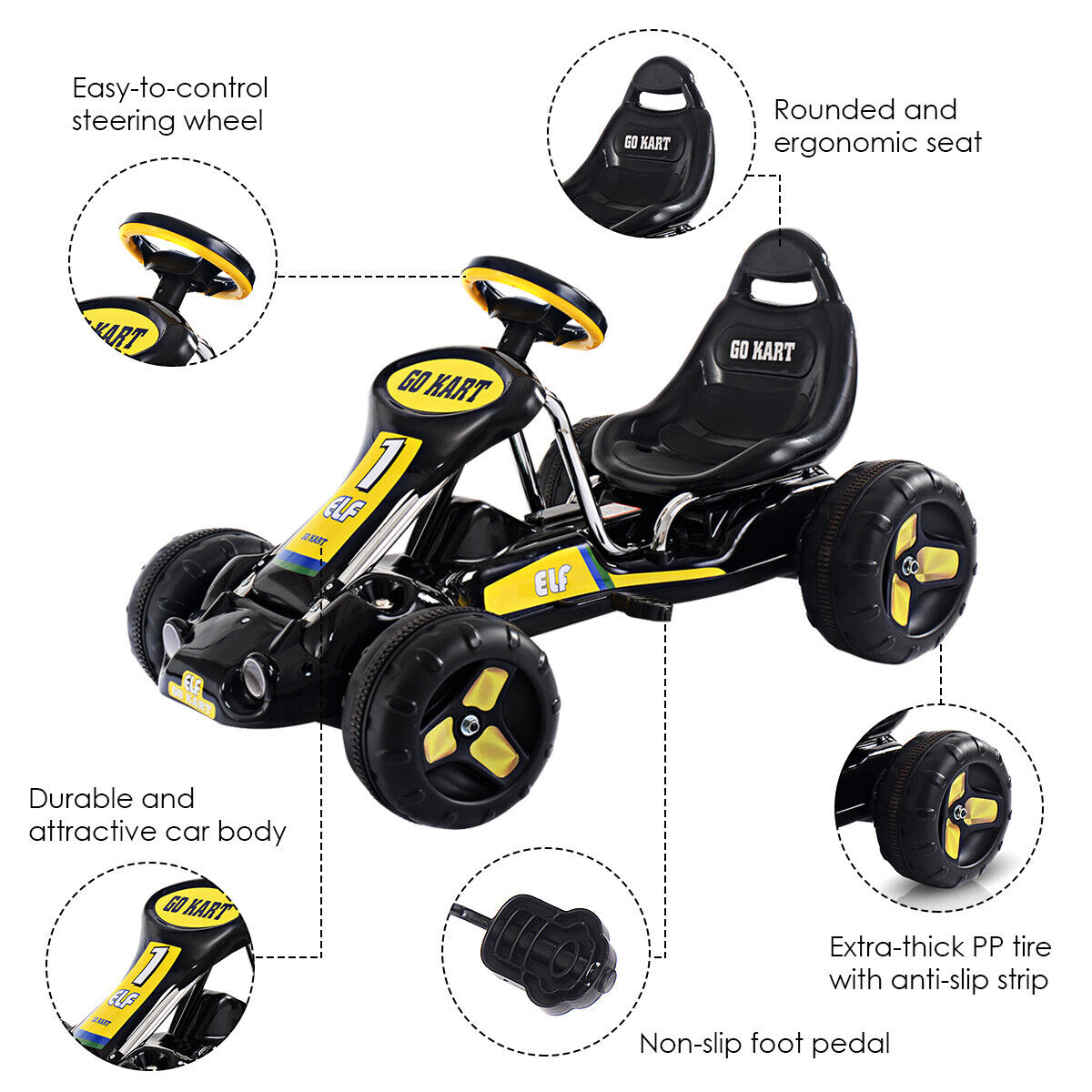 Black Babyjoy Go Kart Kids Ride On Car - Pedal Powered 4 Wheel Racer Toy
