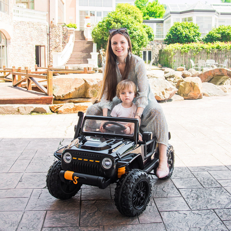 Black Parent-Child Ride On Truck Car with Remote Control, LED Lights, and Music - 12V 10AH