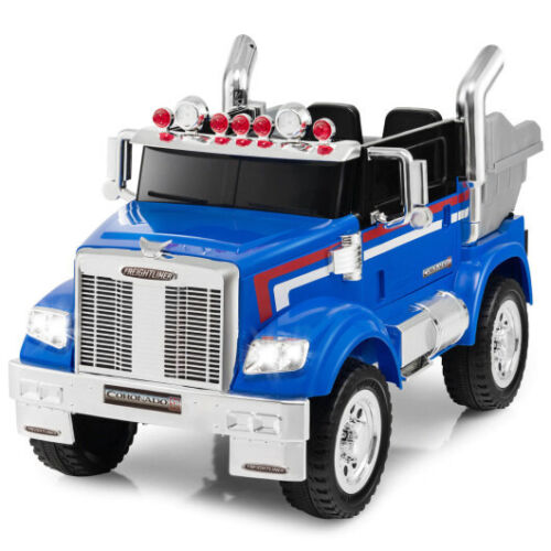 Blue 12V Licensed Freightliner Kids Ride On Truck with Dump Box and Lights